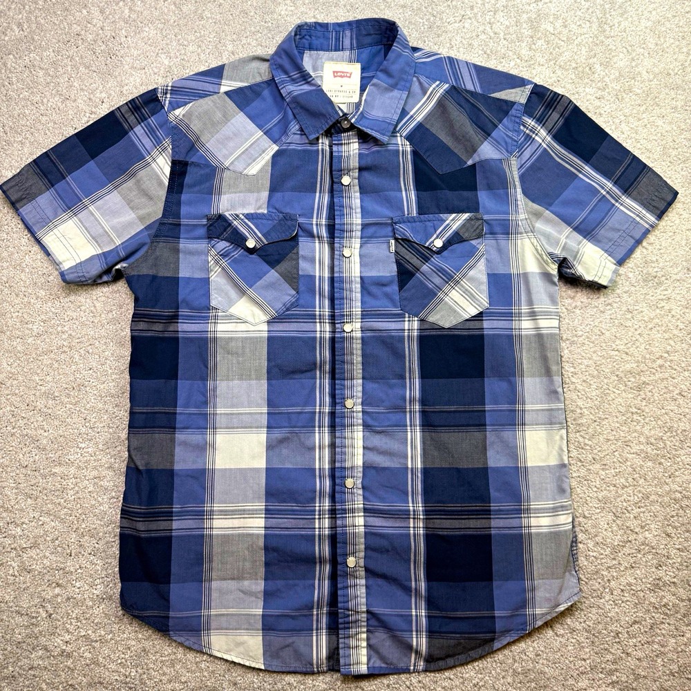 Levi's Mens Blue Plaid Short Sleeve Western Pearl Snap Shirt Size Medium M